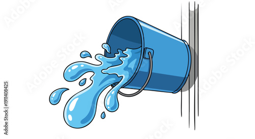 Blue bucket spilling water on a white background.