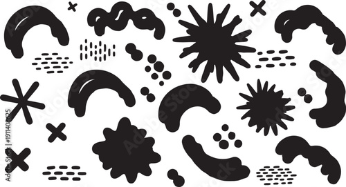 Abstract black shapes and symbols in playful chaotic style with high contrast lighting on white background for graphic design