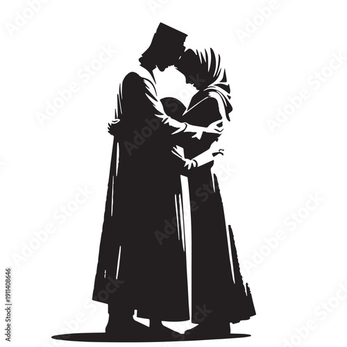 Black Eid morning family hug Silhouette Vector, High Quality Illustration on White Background