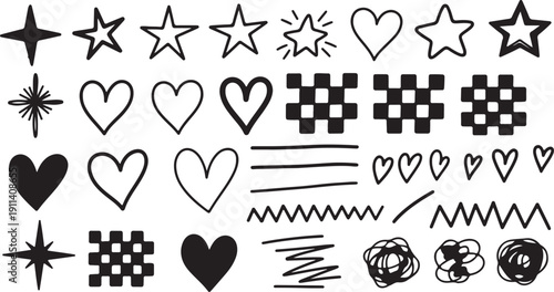 Hand drawn doodle elements in minimalist black and white style with varying line weights and textures for graphic design