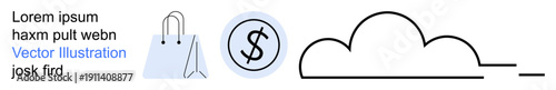 Online shopping, digital transactions, e-commerce, cloud storage, financial management, retail business. Shopping bag, dollar symbol and cloud icon. Online shopping and digital transactions concept