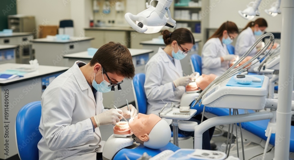 Obraz premium Dental students practicing on mannequins in a modern dental clinic setting.