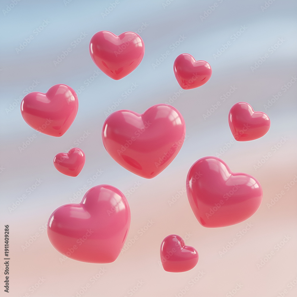 Obraz premium 3D Pink Puffy Hearts Floating on Pastel Gradient Valentine’s Background