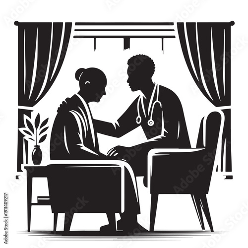Black Elder home visit Silhouette Vector, High Quality Illustration on White Background