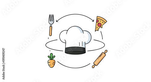 Chef Hat Surrounded by Culinary Elements and Tools.