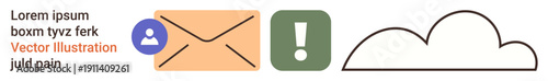 Email communication, cloud storage, data alert, online messaging, digital connectivity, user interaction. Envelope, exclamation mark in green box simple cloud line. Email communication and cloud