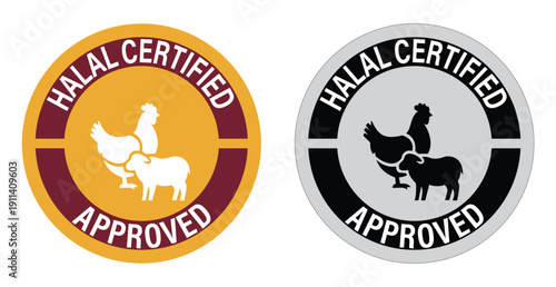 Halal Certified Approved Logo Seals with Chicken and Sheep Icons for Islamic Dietary Law Compliance, Meat Product Packaging, and Food Safety Stan