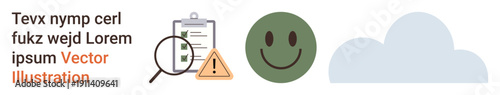 Data analysis, positive feedback, digital compliance, warning signs, cloud storage, evaluation process. Clipboard with magnifier, happy face and cloud. Data analysis and positive feedback concepts