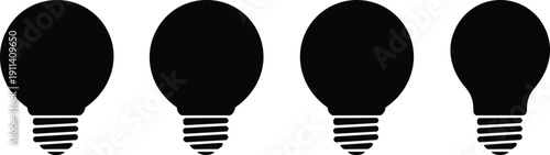 Black silhouette collection of four different light bulb shapes with detailed screw bases isolated on white background for electricity energy and idea vector design