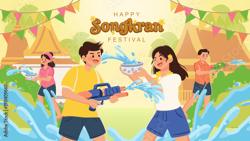 Joyful People Water Splashing at Happy Songkran Festival Thai Summer Holiday Poster