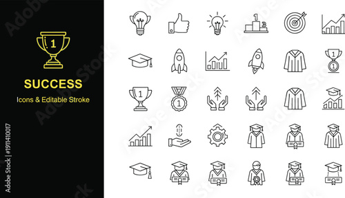 Large collection of business success and education icons in a black and white cad drawing flat vector illustration for professional projects