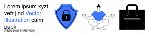 Security, mindfulness, business strategy, personal growth, professionalism, balance. A locked shield, meditating person and business bag. Security and mindfulness for diverse contexts