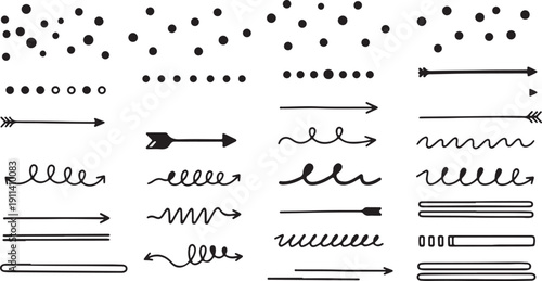 Hand-Drawn Arrows and Lines Set in Black Ink on White Background for Graphic Design Elements