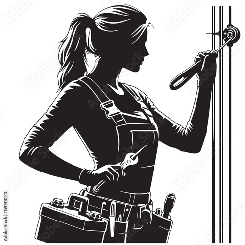 Black Electrician fixing line Silhouette Vector, High Quality Illustration on White Background
