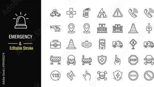 Large collection of emergency and public safety icons in a black and white cad drawing flat vector illustration for professional projects