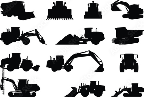 Black silhouette collection of heavy construction machinery including excavators bulldozers dump trucks and loaders isolated on white background for industrial earthworks vector design elementsBlack  