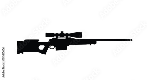 Detailed black silhouette of a sniper rifle against a white background silhouette
