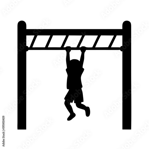 Photography Black silhouette of a child hanging from monkey bars, front view, both hands gri