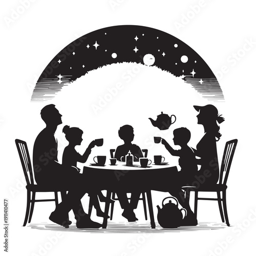 Black Evening tea family Silhouette Vector, High Quality Illustration on White Background