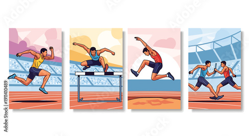 Athletes competing in hurdle race on track with stadium background