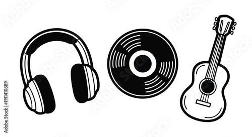 Collection of Music Icons Featuring Headphones Vinyl Record and Guitar.