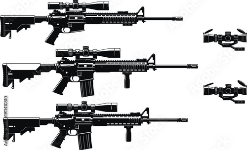 Black silhouette collection of modern tactical assault rifles with sniper scopes and bipods isolated on white background for military weaponry and shooting sport design