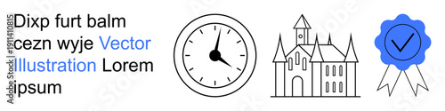 Time management, quality assurance, certifications, historical sites, awards, punctuality. Clock icon, building blue checkmark ribbon. Time management and quality assurance