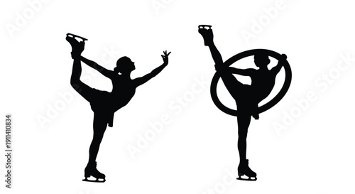 Two female figure skaters performing with a hoop dynamic pose silhouette