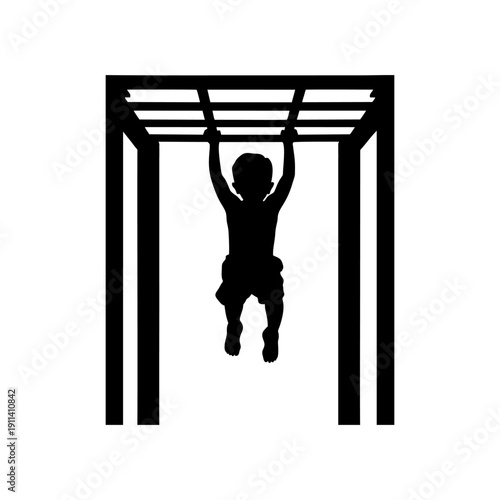 Black silhouette of a child hanging from monkey bars, front view, both hands gripping horizontal ladder bars, playful pose with one leg bent, solid black shape, isolated on white background, high cont