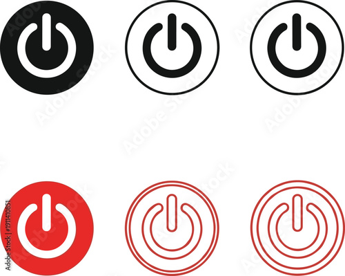 Power Button Icon Set in Red and Black Variations with Outline and Solid Styles for Electronic Device Interfaces, Start Symbols, and Technology User Experience Designs