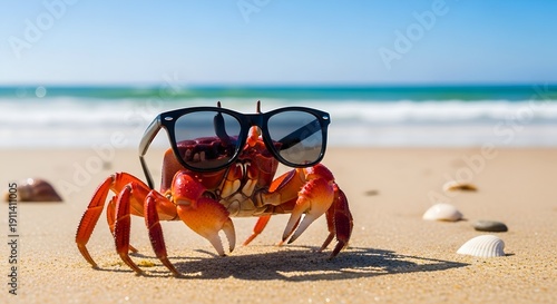 A vibrant red crab wearing stylish sunglasses on a sandy beach near the ocean.