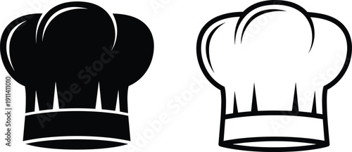 Professional Chef Hat Icon Set with Solid Black Silhouette and Outline Styles for Restaurant Branding, Culinary School Logos, and Cooking App Graphic Elements