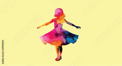 Colorful silhouette of a girl dancing in a vibrant dress.