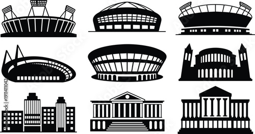 Black silhouette collection of modern sports stadium arenas and classical government building landmarks isolated on white background for urban city architectural vector design elements