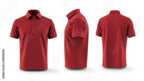 Red polo shirt front back side view clean design, plain collar, short sleeve fashion mockup on white background for apparel catalog