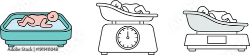 Collection of medical vector icons featuring newborn infants being weighed on digital and analog baby scales in flat and line art styles