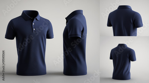 Navy polo shirt short sleeve collar button blank design front view side view back view clothing mockup casual wear navy polo shirt short sleeve