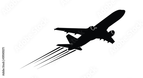 A black airplane is in flight leaving a trail of smoke silhouette