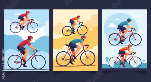 Cyclist in different positions cycling on bike against various colorful backgrounds
