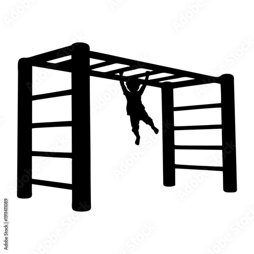 Black silhouette of a child hanging from monkey bars, front view, both hands gripping horizontal ladder bars, playful pose with one leg bent, solid black shape, isolated on white background, high cont