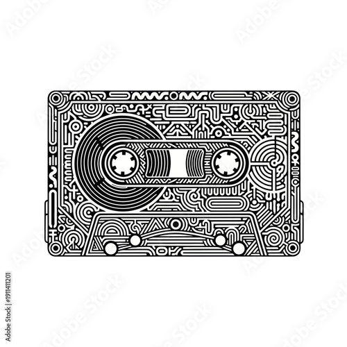 Retro Cassette Tape with Abstract Maze Pattern, Vintage Music Icon
