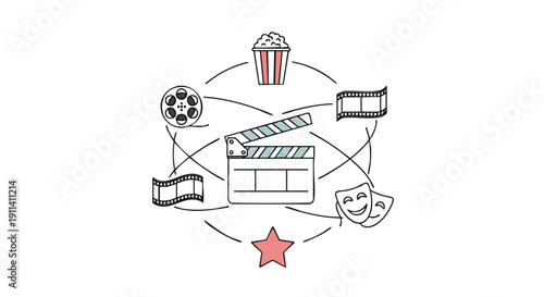 Conceptual illustration of filmmaking and movie production elements.