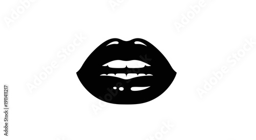 Stylish Black Lips Icon with White Teeth Isolated on White Background
