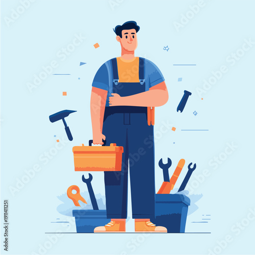 Handyman craftsman standing with toolbox and tools.