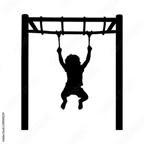 Black silhouette of a child hanging from monkey bars, front view, both hands gripping horizontal ladder bars, playful pose with one leg bent, solid black shape, isolated on white background, high cont