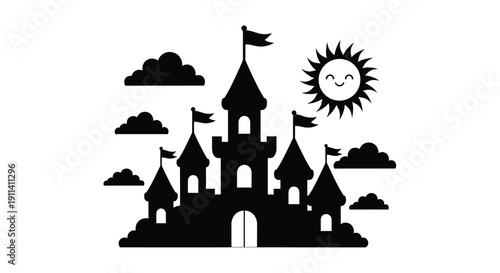 Playful castle with sun and clouds a charming black silhouette