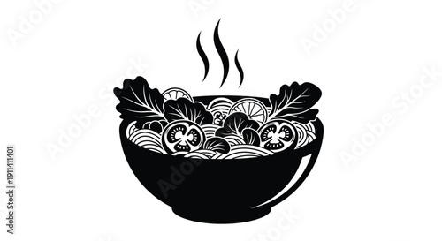A detailed bowl of ramen with steam artistic black silhouette