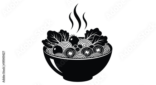 A detailed black bowl of ramen with steam striking silhouette