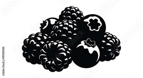 A cluster of dark berries and fruit depicted in black silhouette
