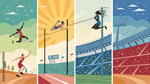 Athletes compete in track and field events at stadium running jumping hurdling and vaulting